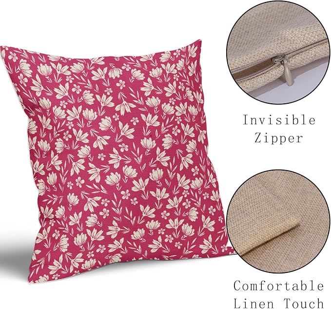 Hot Pink Pillow Covers 18x18 Set of 2 Vintage Floral Rustic Old Style Cute Flower Print Decorative Outdoor Pillowcases Seasonal Farmhouse Throw Cushion Case Decor for Couch Sofa Bed