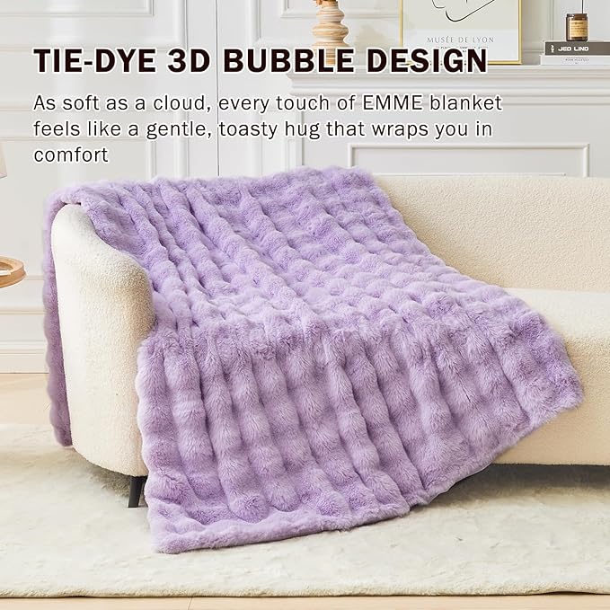 EMME Faux Fur Blanket King Size Purple - Big Bubble Rabbit Cozy Blanket for Couch, Thick Furry Plush Shaggy Blankets, 650GSM, 108x90 Inches