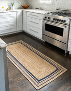 Unique Loom Braided Jute Collection Classic Quality Made Natural Hand Woven with Coastal Design Area Rug (2' 6 x 6' 0 Runner, Natural/ Navy Blue)
