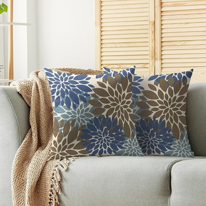 Brown Blue Pillow Covers 16X16 Inch Set of 2, Spring Summer Floral Dahlia Flower Cream Decorative Throw Pillow Covers Outdoor Modern Farmhouse Cushion Case for Home Couch Sofa Bed Decor