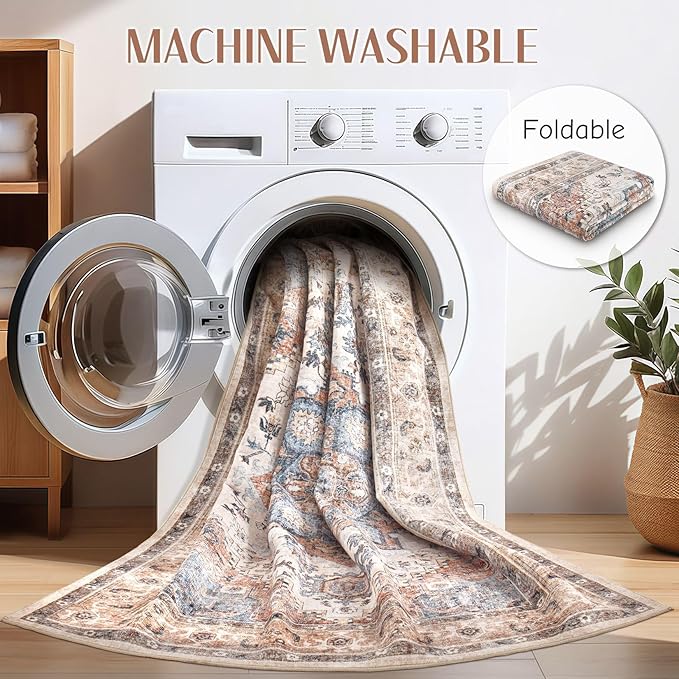 Washable Rug 7x9 Area Rugs: Boho Vintage Distressed Oriental Medallion Neutral Thin Large Rug Carpet for Living Room Bedroom Dining Room Home Office Decor - Camel