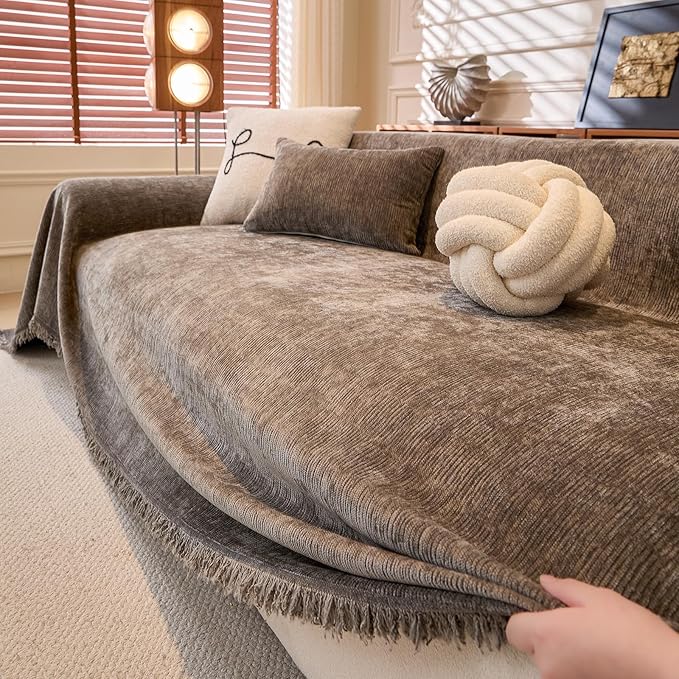 ROOMLIFE Couch Cover Sofa, Boho Chenille Couches Covers for 3 Cushion Sofas, Non Slip Soft Breathable Sofa Slipcovers for Pet, Washable Furniture Protector with Tassel,71''X134”