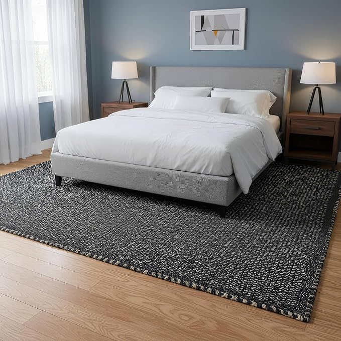 Black 8x10 Cotton Jute Rug Braided Construction - Farmhouse Woven Carpet - Mid-Century Modern Floor Covering for Bedroom Living Room, 8' x 10'