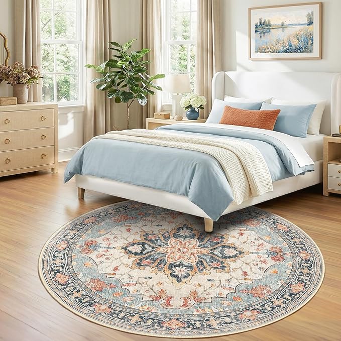Area Rugs 7ft Washable Non-Slip, Floral Vintage Distress Print Pattern Medallion Carpet for Living Room Bedroom Dining Room, Beige Navy Blue Orange Colorful