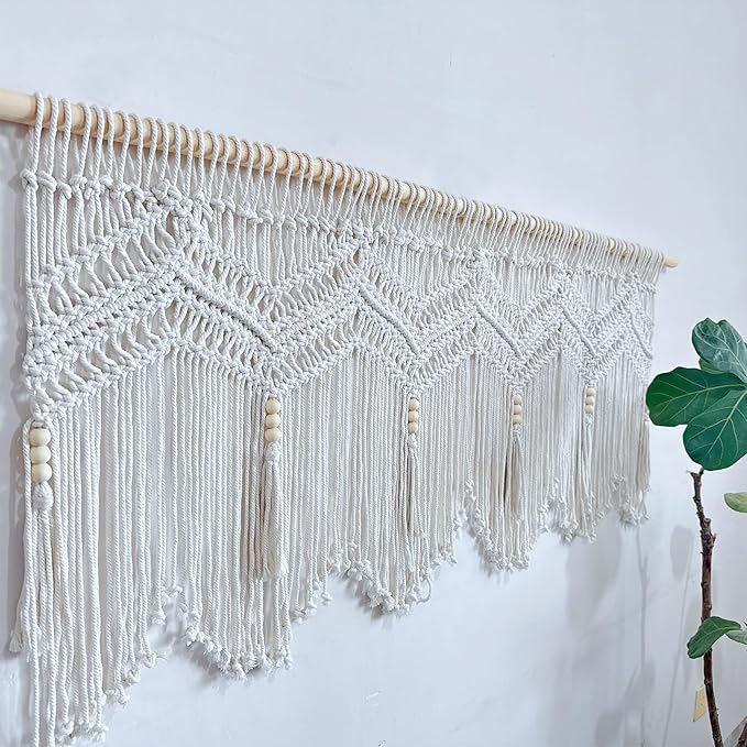 Macrame Doorway Curtains Wall Hanging Window Curtain Panels Closet Room Divider Boho Wedding Decor Backdrop Macrame Valance Boho Kitchen Valance (Ivory White, 52''W x 21.6''H)