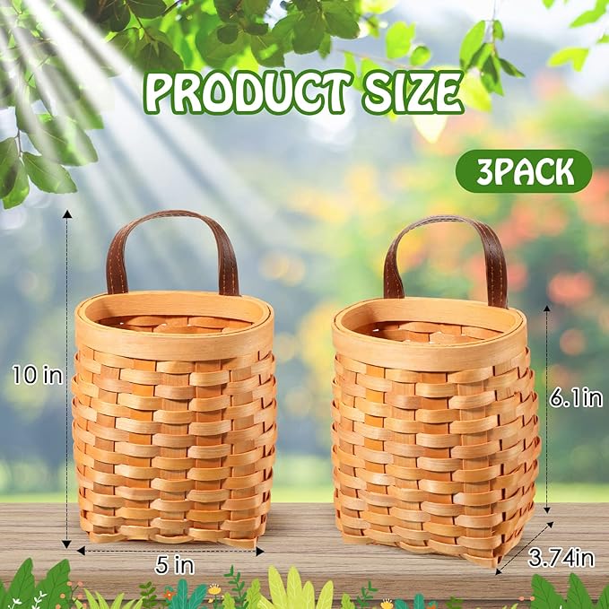 Yinkin 3 Pack 6 Inch Small Wall Hanging Basket Woven Wood Storage Basket Hanging Rope Organizer Flower Plants Vegetable Wall Decoration for Porch Living Room Bedroom Home(Brown)