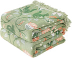 Boho Throw Blanket for Bed 100% Cotton Soft Breathable Quilt Room Decor Spring Bed Blankets,Floral Garden Embroidery All Season Green Reversible Blankets for Sofa Couch Chair 90"x98"