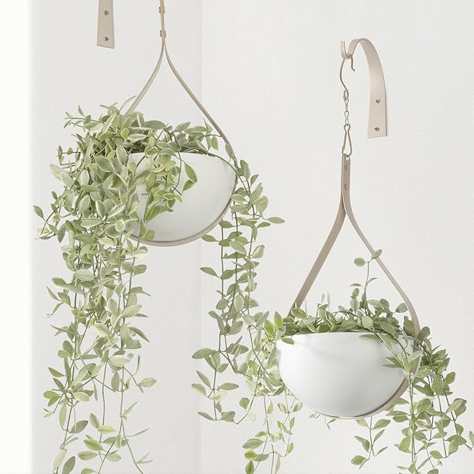Hajia 2 Pack Waterdrop Shaped Hanging Planter, Beige Metal Plant Hanger with Non-Detachable Pots, Boho Hanging Plant Holder for Wall and Ceiling Decor.(No Plants or Drainage Holes)