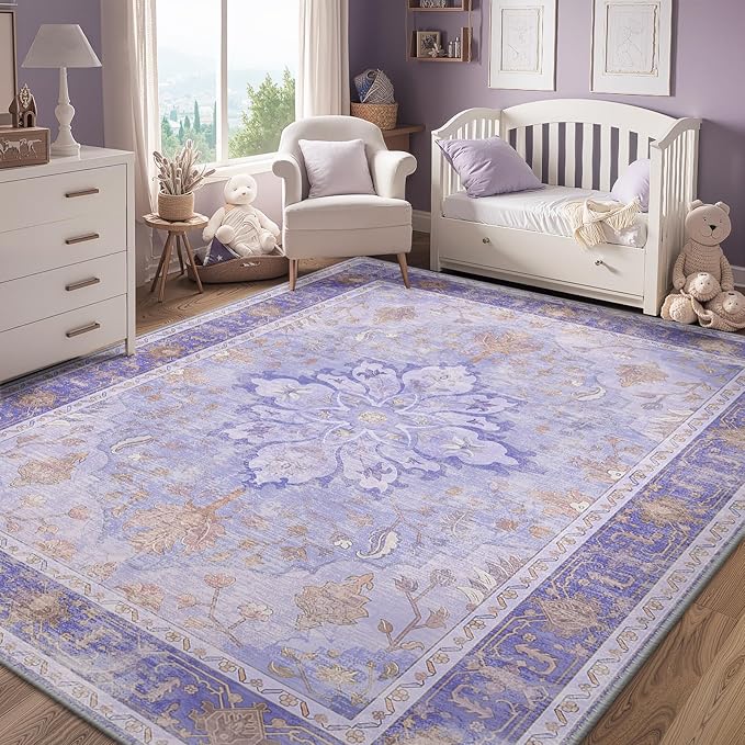 Area Rugs 9'x12' Washable Non-Slip, Floral Vintage Distress Print Pattern Medallion Carpet for Living Room Bedroom Dining Room, Light Purple Brown