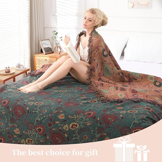 Boho Throw Blanket for Bed - 100% Pure Cotton Ultra Soft Rustic Quilt - Farmhouse Decor Bed Blankets, All Season Rustic Throw for Sofa Couch Chair(50"×60", Boho Floral)
