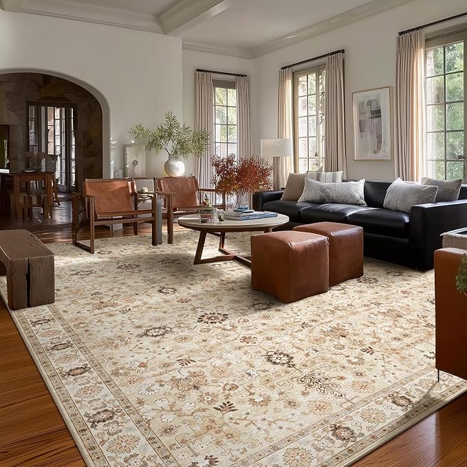 Washable Rugs for Living Room: 10x14 Area Rugs for Bedroom Ultral Soft Non-Slip Stain Resistant Vintage Boho Large Carpet for High-Traffic Dining Room - Farmhouse Decor