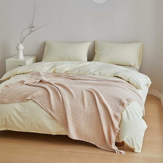 Simple&Opulence Cotton Muslin Throw Blanket 4 Layers for Bed, Couch, Woven Gauze Blanket with Tassels, Soft Lightweight Cozy Pre-Washed Breathable Farmhouse Decoration for All-Season(Light Khaki)