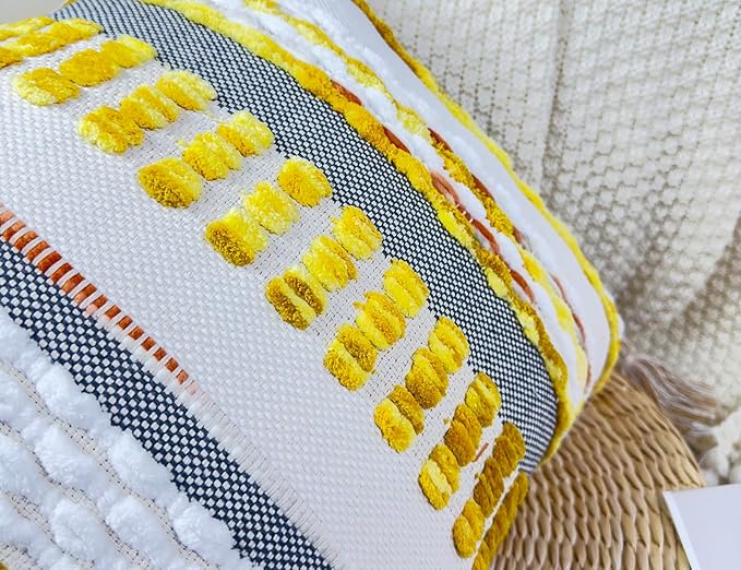Chenille and Cotton Long Pillow for Bed, Striped Textured Boho Lumbar Throw Pillow Cover 14x36, Neutral Accent Decorative Extra Long Body Pillow Case for Couch, Sofa, Bedroom, Yellow