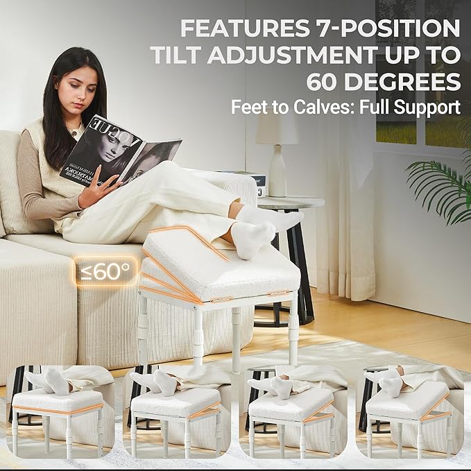 Adjustable Ottoman Pouf, 4 Height Position & 60 Degree Tilt Angle Teddy Bear Fleece Ottomans Foot Stools Pouffe Footstool for Under Desk for Living Room Home Office(Beige Fleece)