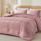 BEDELITE Boho Comforter Set Queen Size, Dusty Pink Tufted Striped Bed Set 3 Pieces, Soft Vintage Farmhouse Comforter for All Seasons, Boho Home Decor,Fluffy Jacquard Bedding with 2 Pillow Shams
