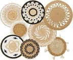 HJJWNDDNG 8 Pack Boho Wall Basket Decor Set, Hanging Woven Seagrass Rattan Wicker Boho Wall Decor, Round Farmhouse Wall Hanging Baskets Rustic Flat Wall Art for Living Room Bedroom Kitchen (Style 8)