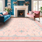Washable Pink and Blue 9x12 Oushak Rugs for Living Room Rug Bedroom Girls, Modern Floral Aethestic Distressed Design, Soft Faux Wool Low Pile Non Slip Stain Resistance Carpet