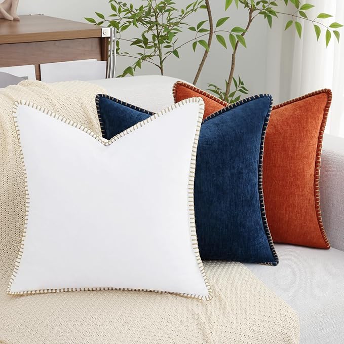 decorUhome Summer Chenille Soft Cozy Throw Pillow Covers 12x20 Set of 2, Modern Farmhouse Boho Velvet Decorative Pillow Cases with Stitched Edge for Couch Sofa Bed Home Decor, White