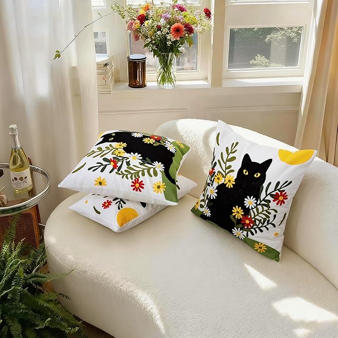 Embroidered Pillow Covers 12x20 Inch Set of 1, Black Cat and Floral Patterned Decorative Throw Pillow Covers Lumbar Farmhouse Canvas Cushion Cases for Couch Sofa Bed Living Room Home Decor