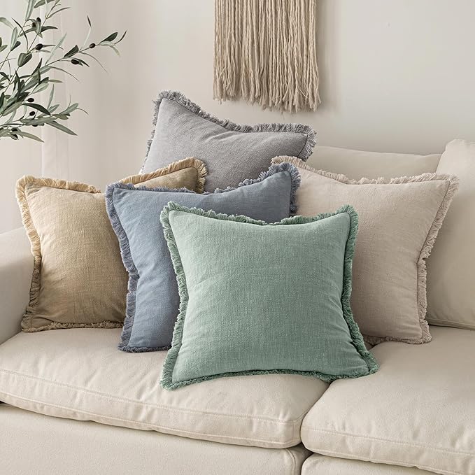 MIULEE Decorative Throw Pillow Covers Neutral Linen Fringe Throw Pillows Euro Shams Set of 2 Light Blue Boho Farmhouse Cushion Covers for Couch Sofa Bed Living Room Spring Home Decor 26x26 Inch