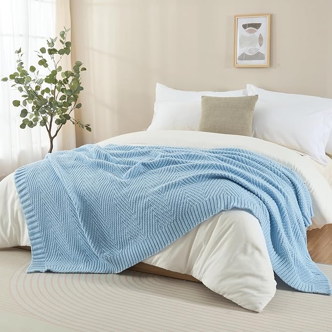 Knitted Throw Blanket 50"X60", Light Blue Knit Throws for Bed, Super Soft Boho Chevron Blankets for Couch Sofa Chair Room Decor, Textured Decorative Farmhouse Cozy Lightweight