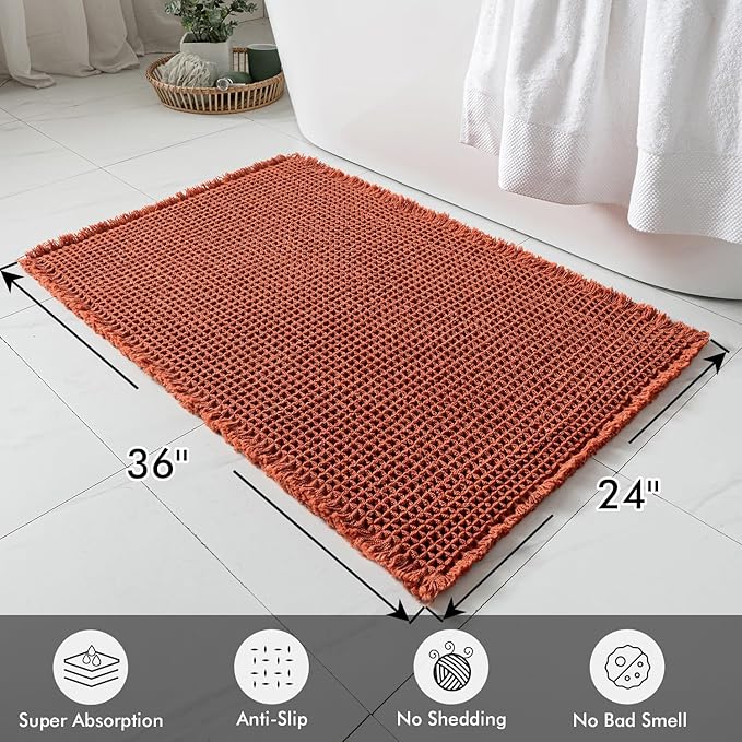 MIULEE Orange Set of 2 Waffle Bathroom Rugs, Boho Bath Rugs Non Slip Washable, Super Absorbent Bath Mats, Ultra Soft Rubber Backed Shower Mats for Bathroom Floor, Tub and Shower, 24x36 Inch
