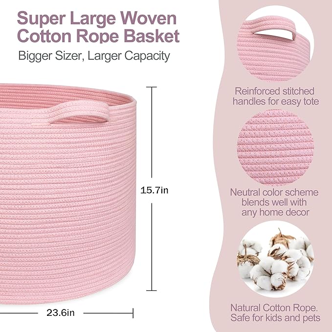 115L Oversized Pink Basket, 23.6"x15.7" Woven Cotton Rope Bin with Handles, XXXL Blanket Storage for Living Room, Kids Toy Storage Bin Box, Baby Laundry Basket for Organizing, Pink Room Decor