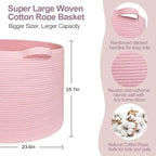 115L Oversized Pink Basket, 23.6"x15.7" Woven Cotton Rope Bin with Handles, XXXL Blanket Storage for Living Room, Kids Toy Storage Bin Box, Baby Laundry Basket for Organizing, Pink Room Decor