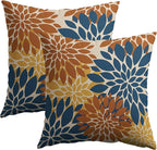 Blue Orange Yellow Pillow Covers 18X18 Inch Set of 2, Fall Colored Modern Geometry Dahlia Floral Print Decorative Throw Pillow Covers Outdoor Farmhouse Cushion Case for Couch Sofa Bed Decor