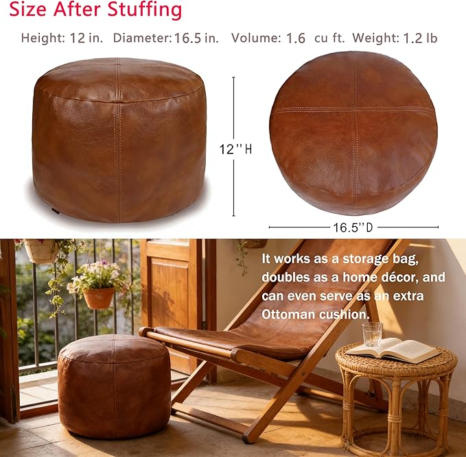 Thgonwid Unstuffed Faux Leather Pouf Cover, Handmade Footstool Ottoman Storage Solution, Floor Footrest Cushion, 16.5”Dx12”H, Amaretto