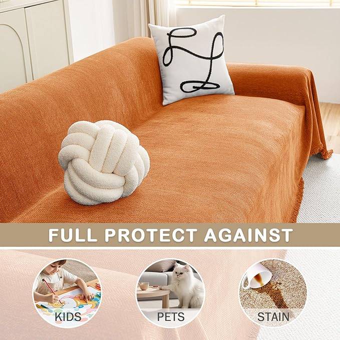 hyha Couch Cover for Dogs, Boho Sofa Covers for 3 Cushion Couch Washable, Chenille Sofa Slipcover for Pets, Soft Loveseat Sectional Couch Throw Blankets with Tassels (Orange, 88.5x118 Inch)