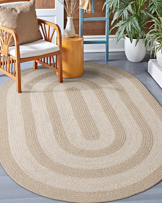DEXI Jute Area Rug Natural Fiber 4x6 Oval, Woven Braided Durable Farmhouse Design Rugs for Living Room, Bedroom Dinning Room Office Outdoor Patio, Beige
