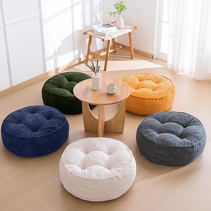 HIGOGOGO 8" Extra Thick Floor Pillow Cushion for Adults, Meditation Cushion Pillow, Large Round Floor Sitting, Tufted Corduroy Cover, for Tatami Living Room or Yoga, 22x22 Inch, Beige