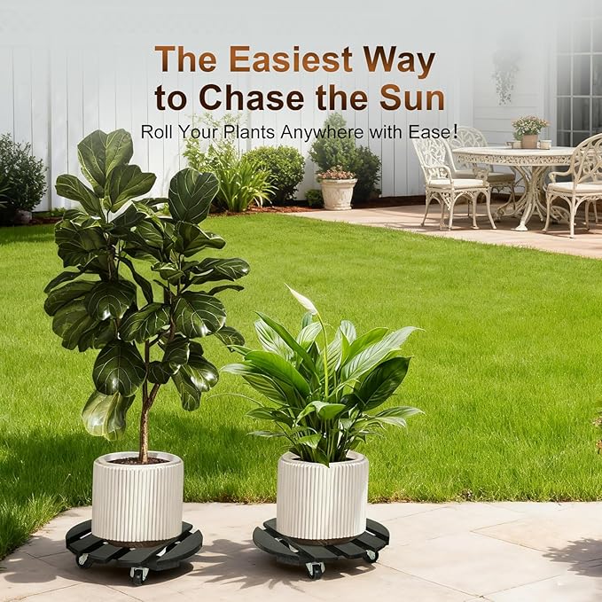 2 Pack Plant Caddy with Wheels 13'' Rolling Plant Stand Indoor Outdoor, Heavy Duty Wooden Plant Stand with Wheels 300Lbs Capacity with 360°Lockable Rolling Base for Pot, Planter, Tray, Patio