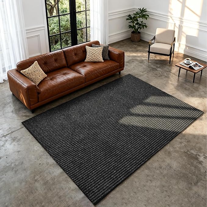 Softlife 4x6 Faux Jute Area Rug, Washable Rugs for Entryway Modern Farmhouse Non-Slip Accent Rug Floor Carpet for Dining Room Living Room Bedroom Kitchen Entryway, Black