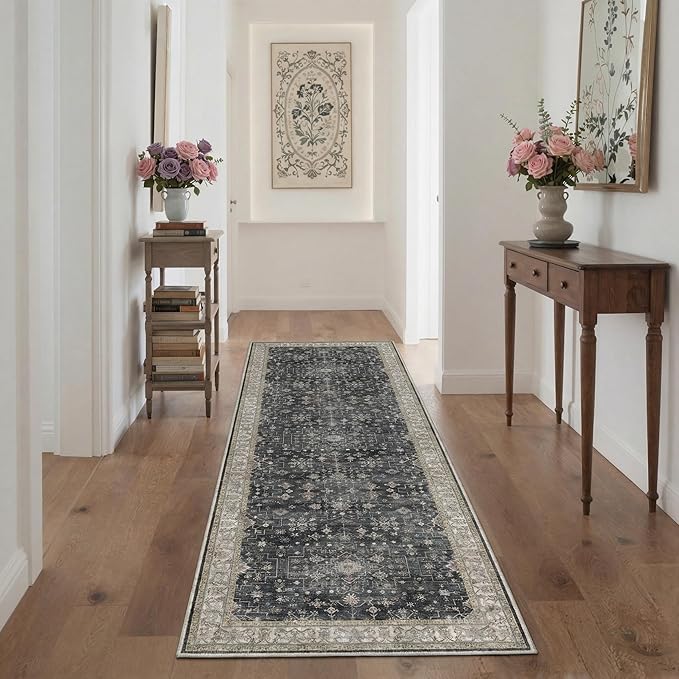 GENIMO Area Rug 2x3 Doormat, Machine Washable Low Pile Rugs, Small Retro Chenille Entryway Mat for Entrance, Hallway, Kitchen and Corridor, Sandy Charcoal