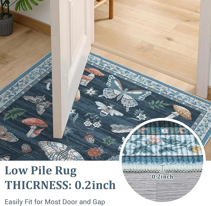 Washable Rug 5x7 Area Rugs for Living Room, Mushroom Insect Rug for Bedroom, 5x7 Rug Non Slip Throw Rugs with Rubber Back, Low Pile Stain Resistant Modern Carpet for Dining Room Dorm,Blue