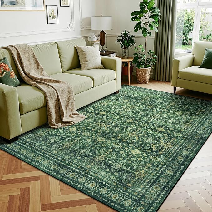 Lessymo 5x7 Washable Area Rug with Non Slip Backing,Soft Boho Indoor Carpets for Living Room Bedroom Nursery, Kid and Pet Friendly, Green