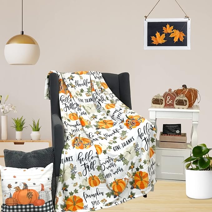 Fall Throw Blanket: Colorful Autumn Harvest Time Saying and Pumpkin Print on Soft White Velvet Fleece for Sofa Bed Couch Chair or Dorm