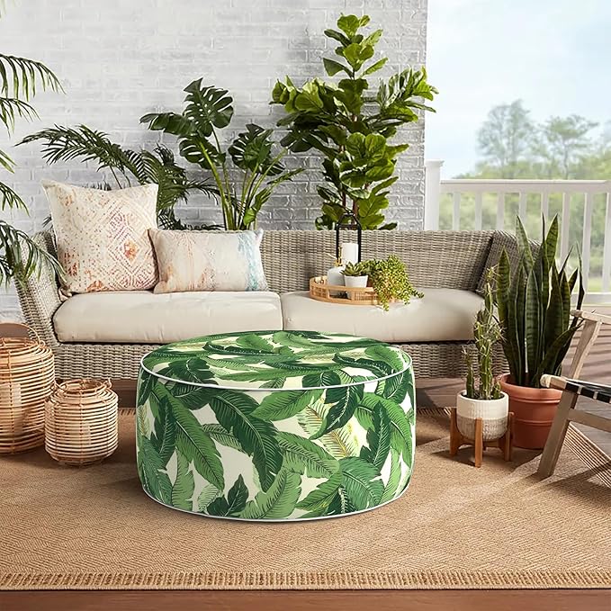 Indoor/Outdoor Inflatable Ottoman, All Weather Ottoman Pouf D31 x H14 inch, Round Foot Rest Portable Footstool for Patio, Garden, Porch, Home, Swaying Palms Green