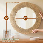 24 Inch Natural Jute Mirror, Wall Mounted Round Mirror with Metal Frame, Wall Decor Rustic Farmhouse Boho Decor Accent for Bathroom, Bedroom, Living Room, or Entryway