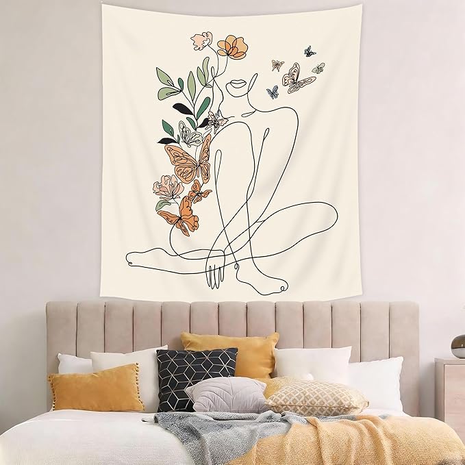 SVBright Abstract Woman Butterfly Fabric Wall Hanging Tapestry 51Wx59H Inch Minimalist Modern Flower Plant Mid Century Terracotta Aesthetic Portrait Beige Home Decor Art for Living Room Bedroom Dorm