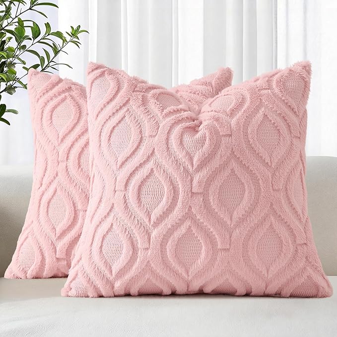 decorUhome Cozy Textured Throw Pillow Covers 16x16 Inch Set of 2, Soft Plush Faux Wool Pink Accent Couch Pillow Covers for Modern Farmhouse Sofa Bed Living Room