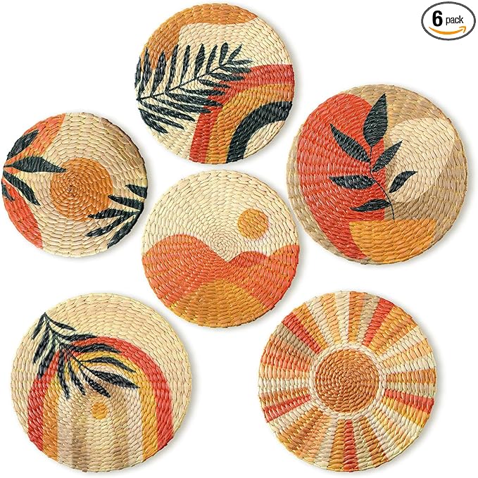 Xuhal 11 Pcs Boho Hanging Wall Basket Decor Handmade Woven Basket Wall Decorative Boho Wicker Baskets Placemats Round Farmhouse Bulrush Art for Rustic Home Decorations Christmas Gift(6 Pcs,Bright)