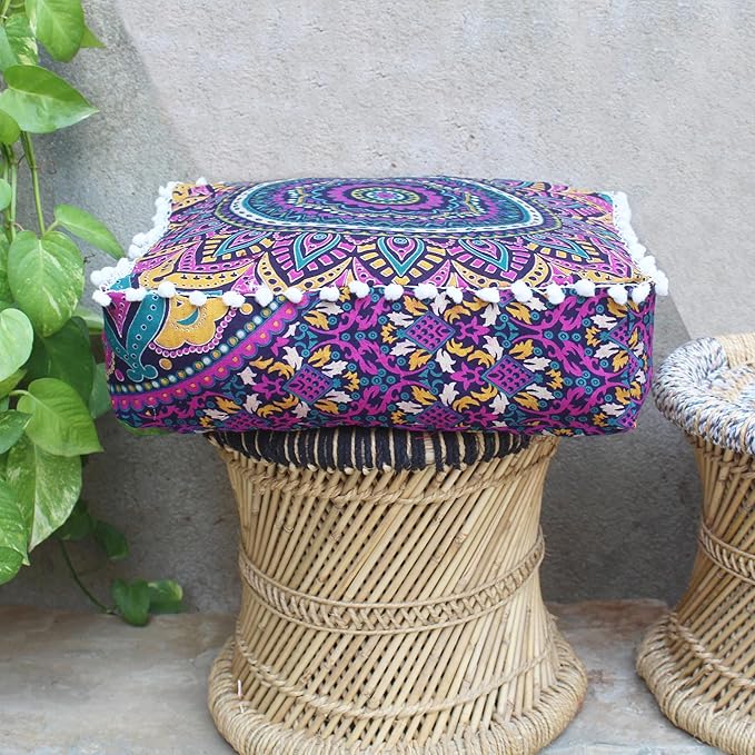 CRAFT KALA Large Hippie Mandala Meditation Floor Ottoman Pillow Cushion Pouf Cover Square Poufs Bohemian Circle Floor Cushion Case Outdoor Fireplace Yoga Living Room Decor Cover New Pink, 18" Square