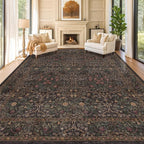 Dark Brown 10x14 Area Rugs for Living Room - Extra Large Vintage Western Unique Neutral Floral, Washable Low Pile Non-Slip Soft Thin Area Rug for Dining Under Table, Bedroom Under Bed
