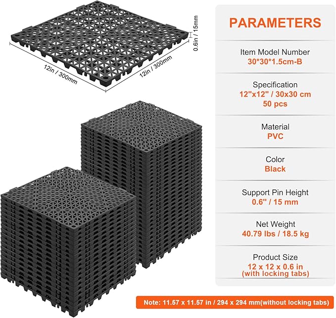 VEVOR Interlocking Tile 50PCS Black, Drainage Tiles 12" x 12" Splicing, Soft PVC Interlocking Drainage Floor Tiles, Non-Slip Drainage Holes for Restroom, Bathroom, Kitchen, Pool, Wet Areas