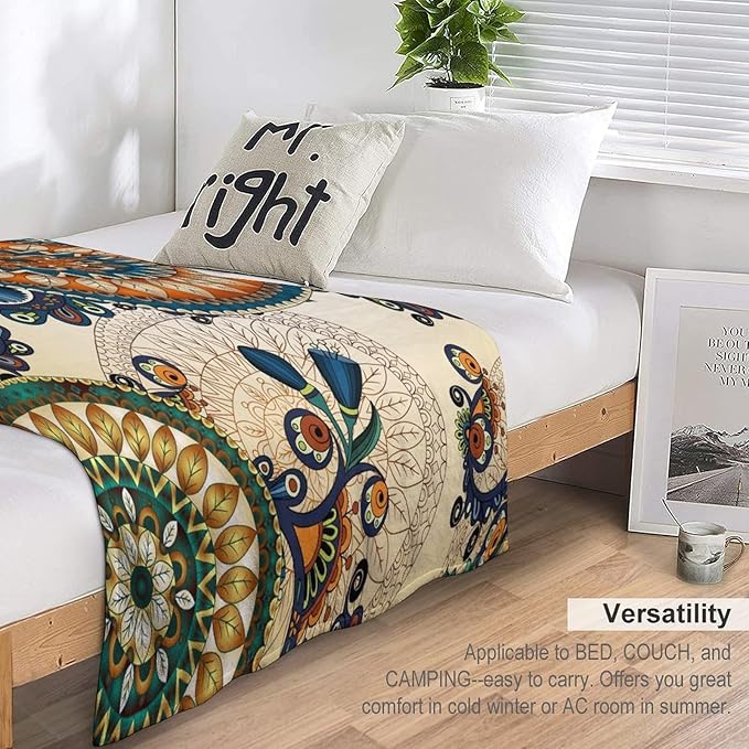 Bohemian Flower Throw Blanket Boho Mandala Floral Flowers Print Pattern Blanket for Sofa Bed Couch Chair Or Dorm 50"x60"