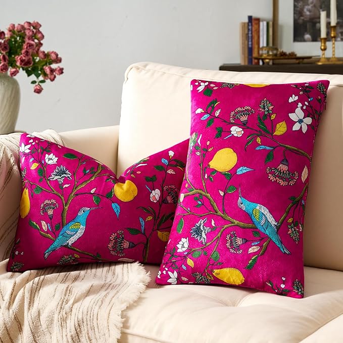 MUSSEL Hot Pink Floral Pillow Covers 12x20 Set of 2, Velvet Wild Flower Plant Throw Pillows Case, Square Farmhouse Decor Cushion Covers for Home Sofa Bed Couch