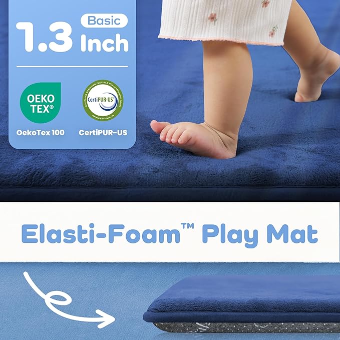 1.3" Thick Baby Floor Play Mat 71x79, Basic Padded Foam Mat for Tummy Time Crawling, Non Slip Cushioned for Babies Toddlers Infants Kids (Blue)